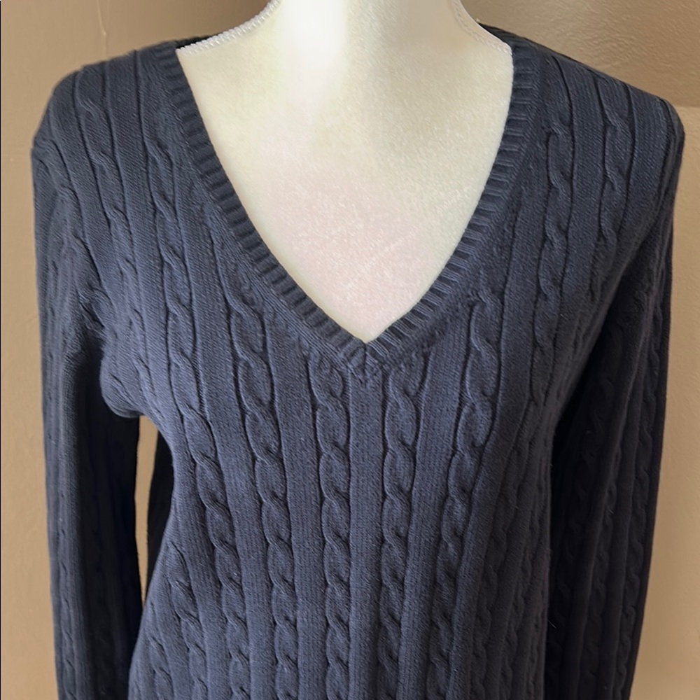 Eddie Bauer Women's V-Neck Cable Knit Sweater. Navy blue